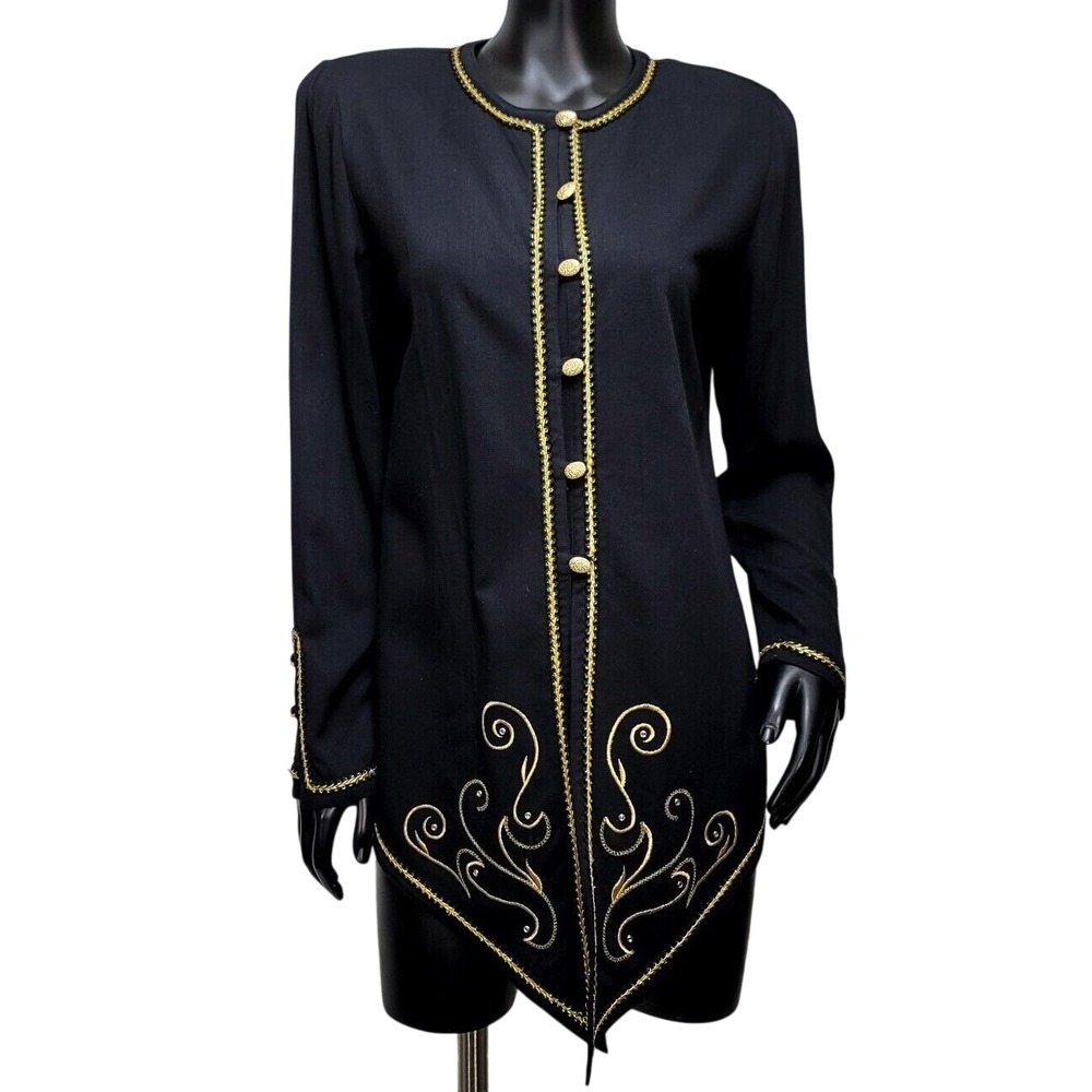 Vintage D Frank Black Gold Embroidered Military Style Longline Jacket Size 6 USA